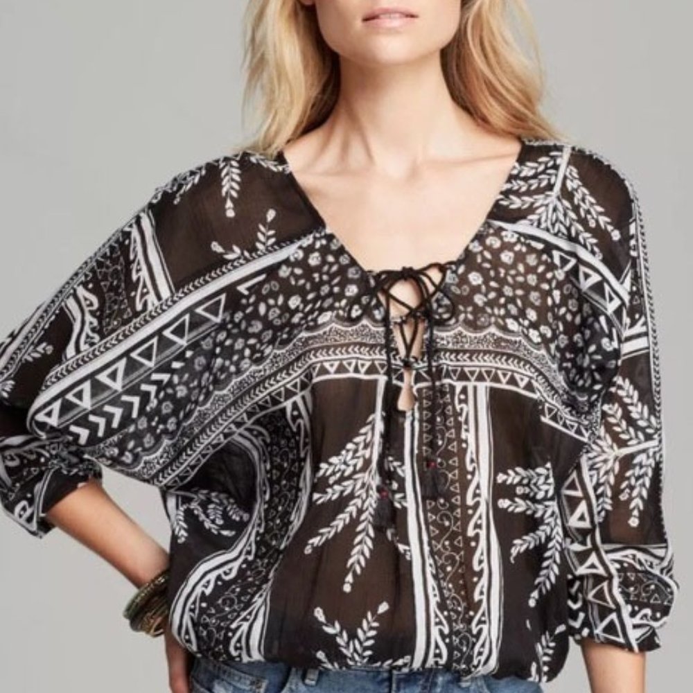 Free People Geo Print Peasant Top 100% Cotton Size S